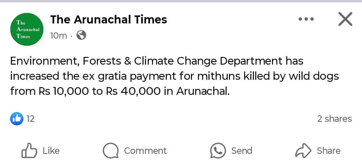 Ex gratia payment for mithuns killed by wild dogs